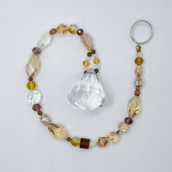 Beaded Suncatcher - Brown Gold - Clear Triangular Prism - Hanging Decor - Picture 3 of 13